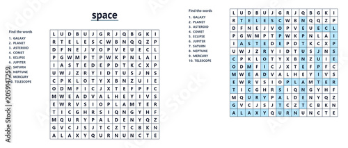 Fotografie Vector puzzle with hidden words: find the word about space