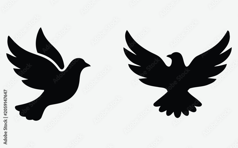 Obraz premium Bird silhouettes in black depicting a dove and an eagle against a light gray background avian birds feather feathers flight flying