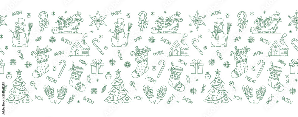 Fototapeta premium Christmas doodle seamless horizontal banner with snowman, sled, candy cane and gifts. For web headers, gift wrap, packaging and social media.