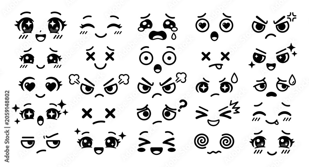 Fototapeta premium Set of cute expressive black and white kawaii style cartoon faces showing various emotions and moods on transparent background