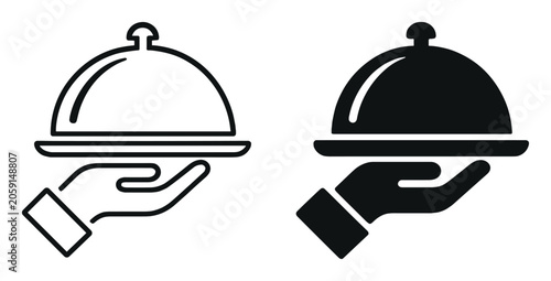 Obraz na płótnie Hand holding cloche or food serving tray icon set in black and outline style on