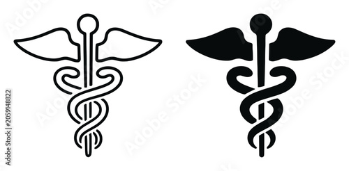 Vászonkép Black and white medical caduceus symbol icons with winged staff and entwined sna