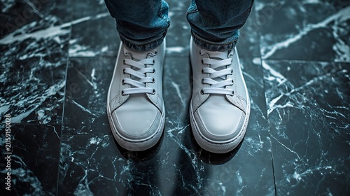 White Sneakers on Black Marble Floor
