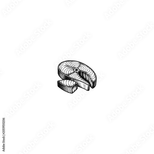 Vintage salmon steak engraving, hand drawn fish fillet vector, black and white seafood sketch for restaurant menu design