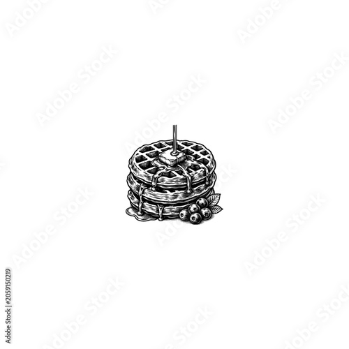 Vintage hand drawn waffle stack with butter and blueberries, engraved breakfast food vector illustration, rustic belgian waffles sketch