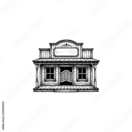 Vintage wild west saloon vector illustration, hand drawn old western building with swinging doors, rustic wooden frontier tavern facade