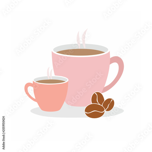 Pink Coffee Cups and Beans Flat Illustration