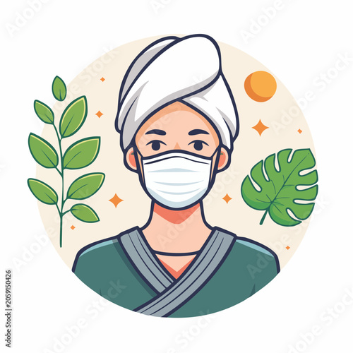 Person with Towel and Face Mask, Surrounded by Green Leaves