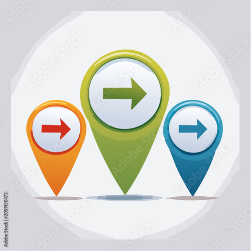 Three colorful map pins with arrows pointing right