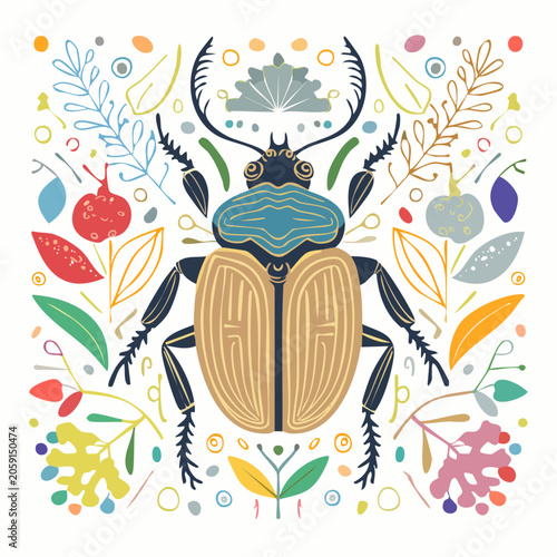 Stylized Scarab Beetle Illustration with Floral Elements