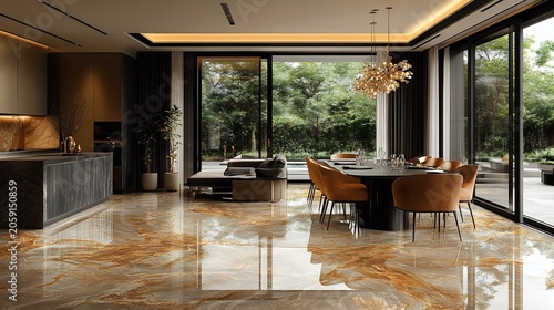 Dining Room with Marble Floor and Large Windows