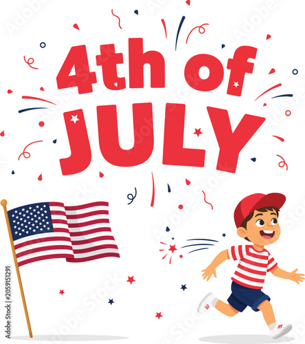 Happy boy running with american flag for 4th of july celebration