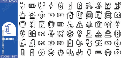 Charging icon set. Containing charge, battery, energy, electricity, charger, recharge, electric car, electric socket, and more.  line icons. Vector illustration.