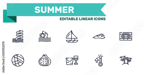 Foto summer outline icon set featuring aqua park, swimming person, sand bucket and shovel, summer temperature icons