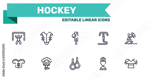 Photos hockey outline icon set featuring goalie, chest protection, gymnastic rings, football trophy icons