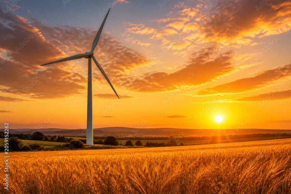 Obraz premium Single wind turbine standing in wheat field at sunset golden landscape