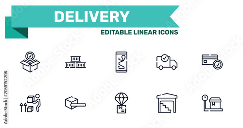 Bild auf Leinwand delivery outline icon set featuring package checking, containers, parachute box, stack in depot icons