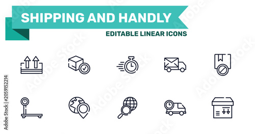 Tableau sur toile shipping and handly outline icon set featuring keep up, delivered box verification, search worldwide, delivery delay icons
