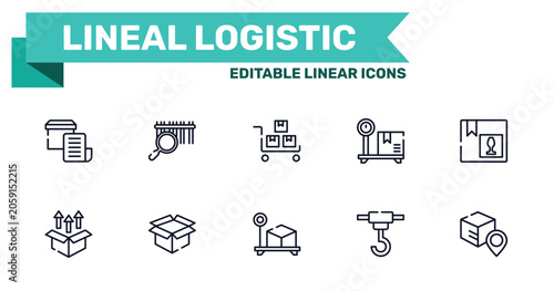 lineal logistic outline icon set featuring delivery invoice, barcode scan, box weight, container hanging icons.