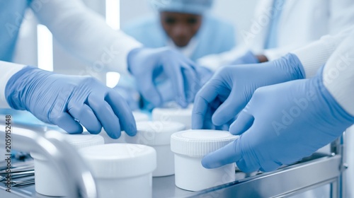 Gloved hands of diverse healthcare professionals arranging sealed white containers and sterilized tools on a stainless steel trolley amid soft blue medical accents in a brightly