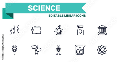 Foto science outline icon set featuring chemical bond, electrical circuit, pe teacher, agitator icons