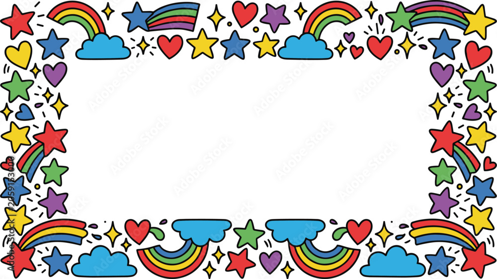 Fototapeta premium Whimsical border design featuring colorful handdrawn rainbows stars hearts and clouds creating a fun playful frame for creative use