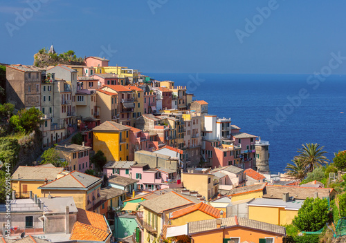 Colorful residential buildings overlooking the Ligurian Sea in the village of Manarola, Cinque Terre, Italy.