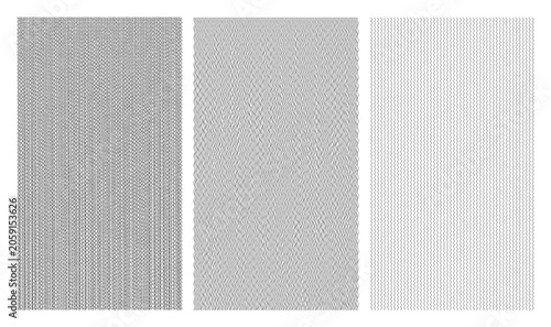 Collection of three black and white abstract vertical wavy zigzag and crosshatch fine line pattern textures with varying densities isolated on white background