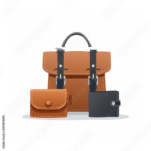 Flat design leather backpack, clutch, and wallet set