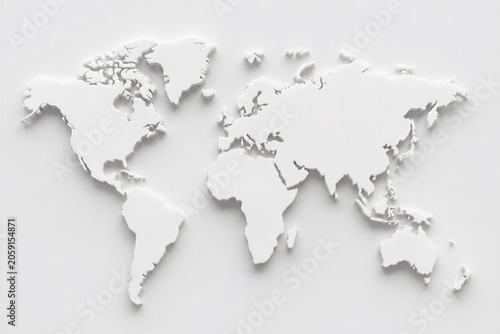 World map cut out with subtle shadow on white plane