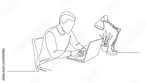 Continuous one line drawing of a man working on a laptop at his desk.