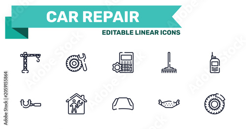 Schilderij op canvas car repair outline icon set featuring lifter, tyre, hood, brake pad icons