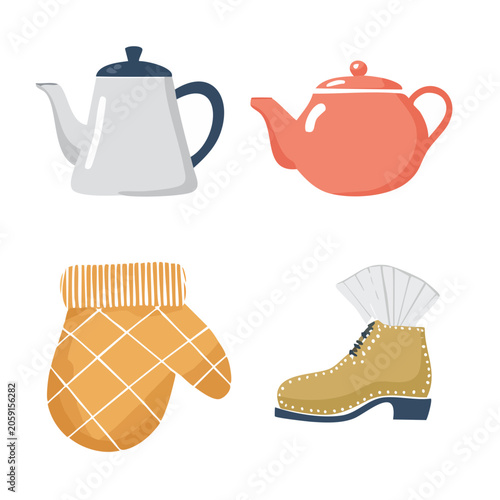 Flat design illustration of kettle teapot mitten and shoe