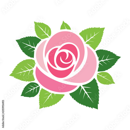 Pink rose with green leaves flat illustration