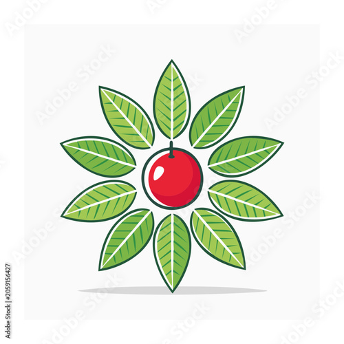 Red cherry with green leaves in flat design style