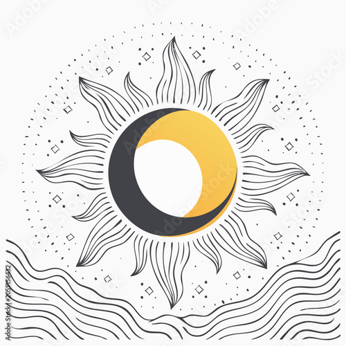 Sun and Moon Celestial Symbol with Wavy Lines