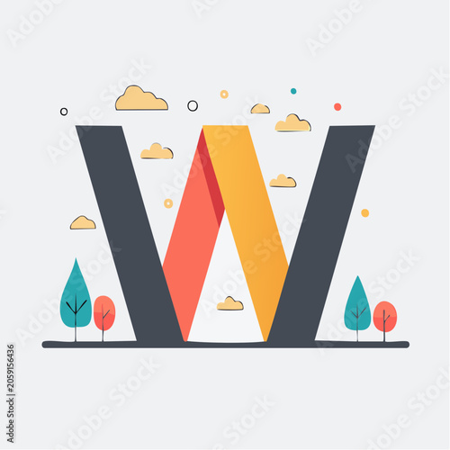 Stylized Letter W with Ribbon Effect and Nature Elements