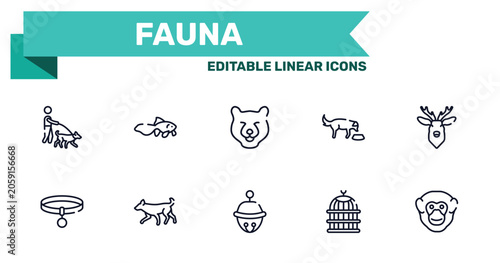 Canvas Print fauna outline icon set featuring dog walker, gold fish, sleighbell, bird cage icons