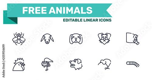 Schilderij op canvas free animals outline icon set featuring big fly, female sheep head, border collie dog head, kiwi eating icons