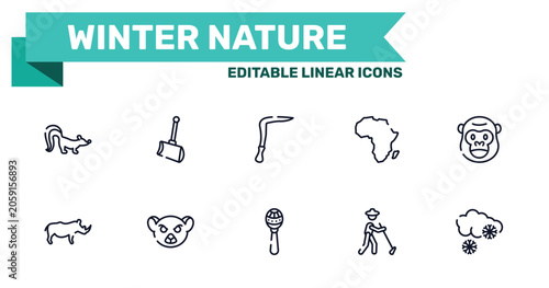 winter nature outline icon set featuring skunk, shovel, maracas, gardener icons.