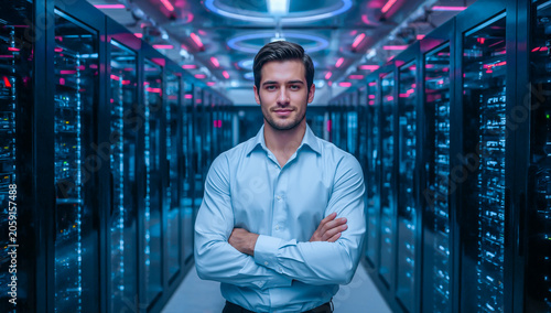 Confident technology specialist standing in a modern cloud computing data center representing digital infrastructure leadership innovation enterprise technology and professional expertise