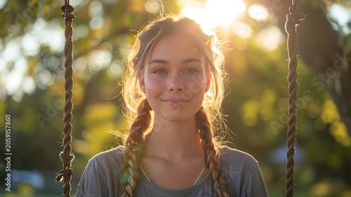 Smiling Young Girl with Braids on Swing at Sunset
