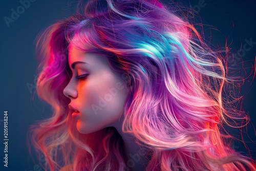 Woman with Colorful Hair and Glowing Neon Lights on Face