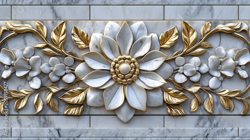 Gold and White Floral Ornament on Marble Wall