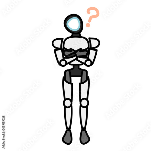 腕を組んで首をかしげクエスチョンマークを浮かべる白い人型ロボットのイラスト｜人工知能の疑問やシステムエラーのイメージに最適なベクター素材