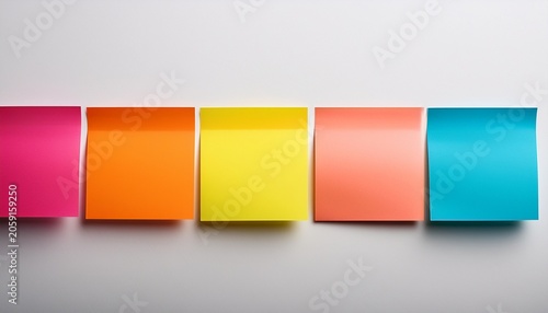 Five Colorful Blank Square Sticky Notes Aligned On A Pristine White Backdrop