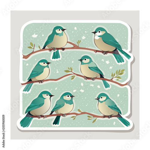 Teal songbirds perched on branches in winter pattern