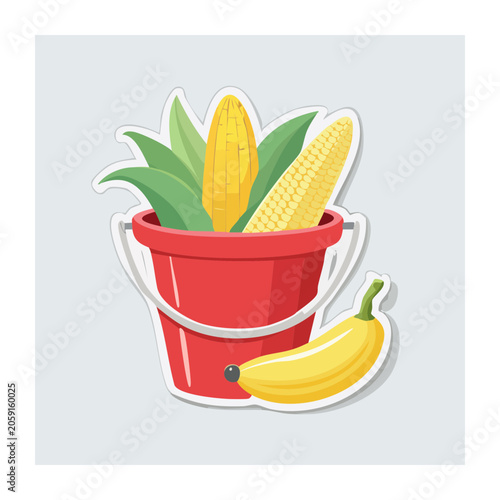 Red Bucket with Corn and Banana Illustration