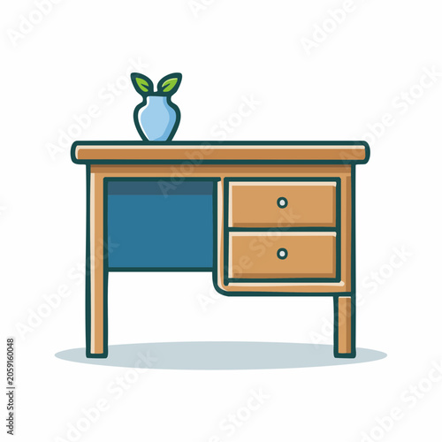 Simple illustration of a wooden desk with drawers and a vase with leaves