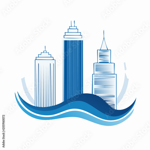 Stylized Cityscape with Skyscrapers and Waves